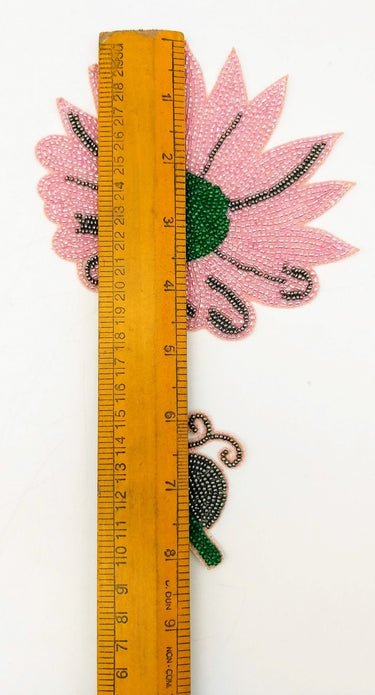 Hand Embroidered Pink and Green Floral Applique With Snail, Beaded Applique, 1 Piece